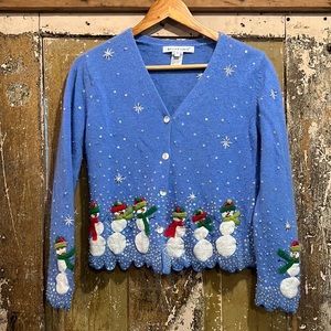 Christmas Sweater Drop - Belle Pointe lambs wool snowman cardigan sweater